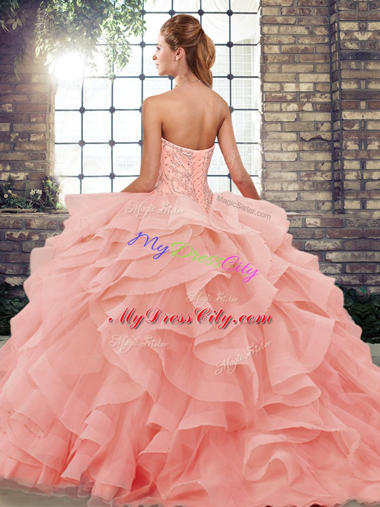 Lace Up Quinceanera Gowns Green for Military Ball and Sweet 16 and Quinceanera with Beading and Ruffles Brush Train