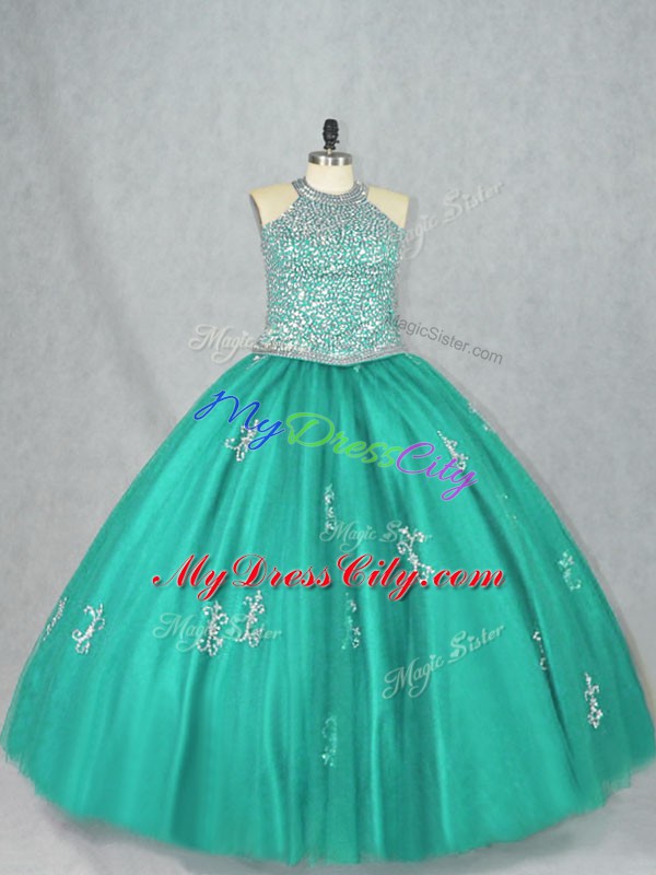 Fantastic Turquoise Halter Top Lace Up Beading and Appliques Sweet 16 Dresses Sleeveless