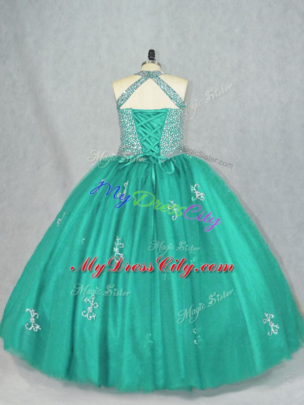 Fantastic Turquoise Halter Top Lace Up Beading and Appliques Sweet 16 Dresses Sleeveless