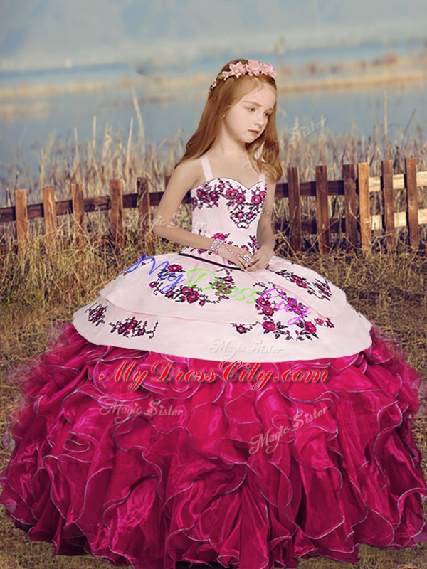 Customized Hot Pink Straps Neckline Embroidery and Ruffles Kids Formal Wear Sleeveless Lace Up