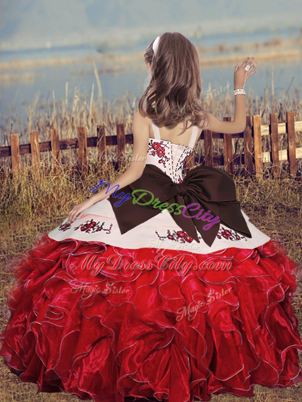 Customized Hot Pink Straps Neckline Embroidery and Ruffles Kids Formal Wear Sleeveless Lace Up