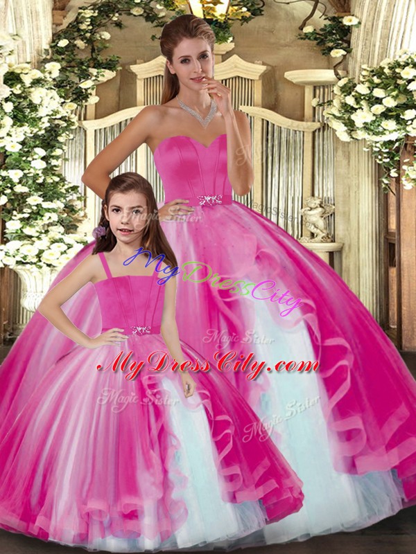 Ruffles Quinceanera Dress Hot Pink Lace Up Sleeveless Floor Length