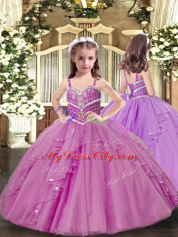 Sleeveless Tulle Floor Length Lace Up Pageant Dress for Girls in Lilac with Beading and Ruffles