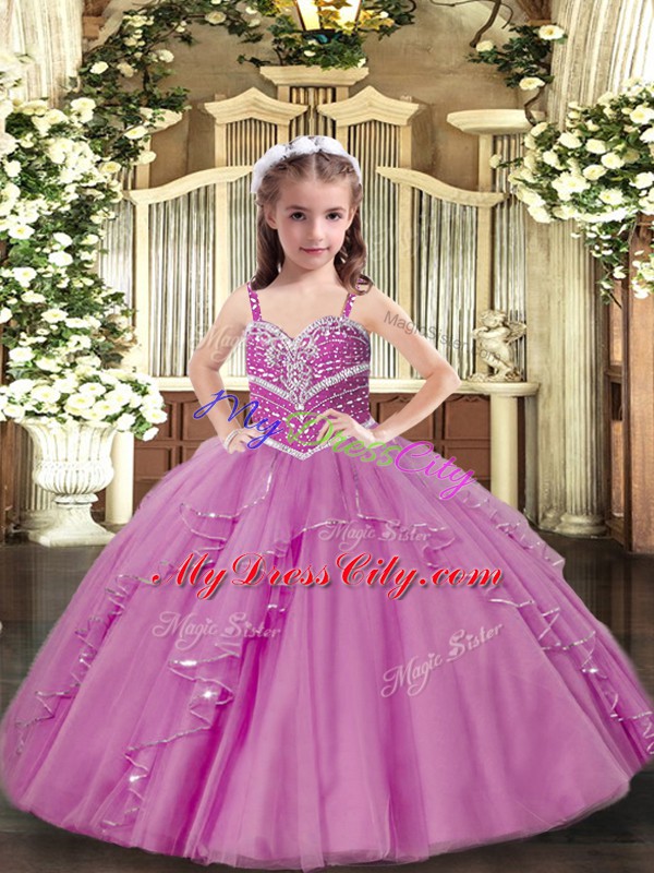 Sleeveless Tulle Floor Length Lace Up Pageant Dress for Girls in Lilac with Beading and Ruffles