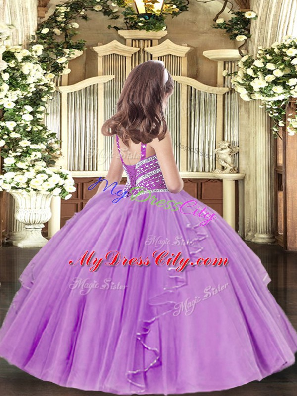 Sleeveless Tulle Floor Length Lace Up Pageant Dress for Girls in Lilac with Beading and Ruffles