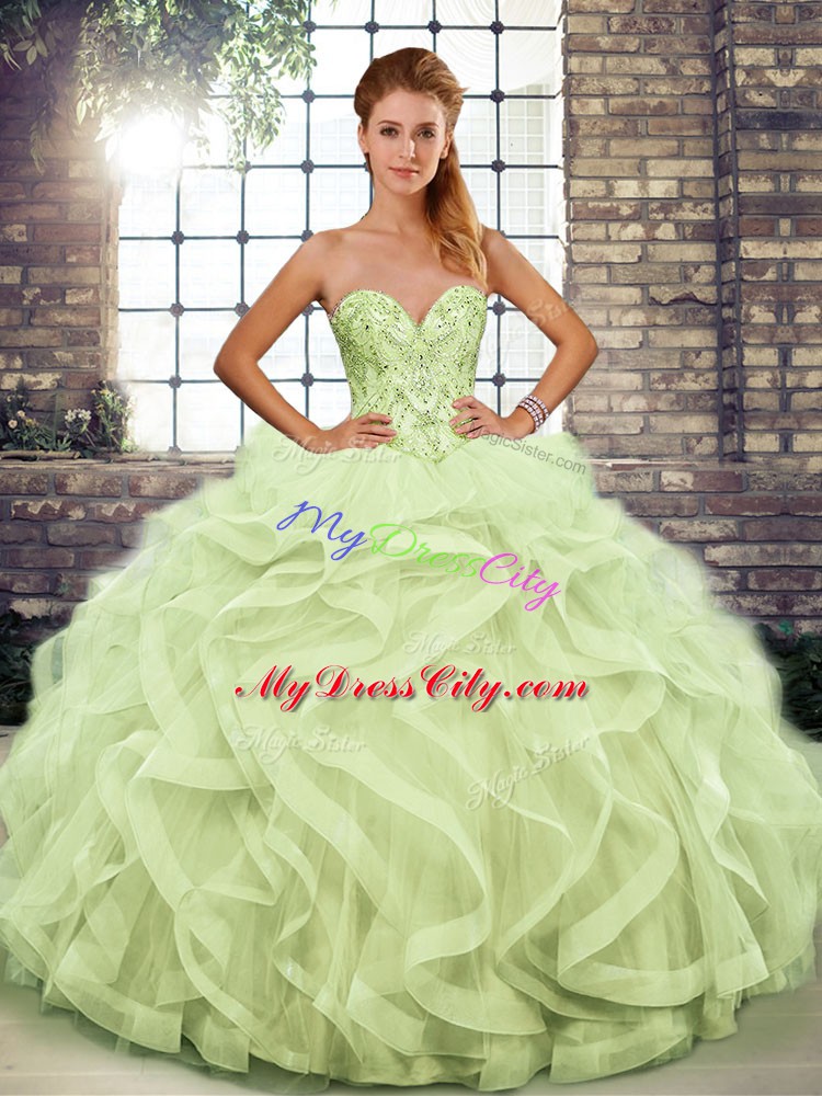 Trendy Yellow Green Sweetheart Lace Up Beading and Ruffles Sweet 16 Dress Sleeveless