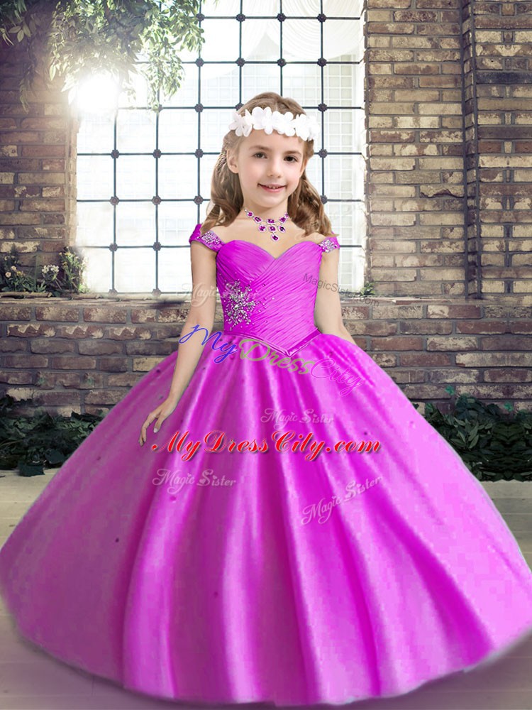 Enchanting Floor Length Lace Up Little Girls Pageant Gowns Lilac for Wedding Party with Beading