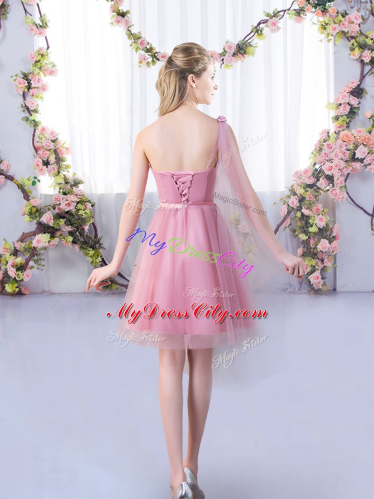 Latest One Shoulder Sleeveless Tulle Quinceanera Court of Honor Dress Appliques and Belt Lace Up