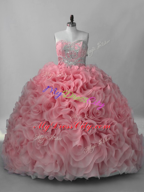 Sleeveless Beading Lace Up Quinceanera Dresses with Pink Brush Train