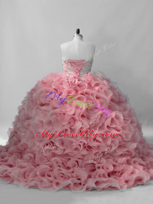 Sleeveless Beading Lace Up Quinceanera Dresses with Pink Brush Train