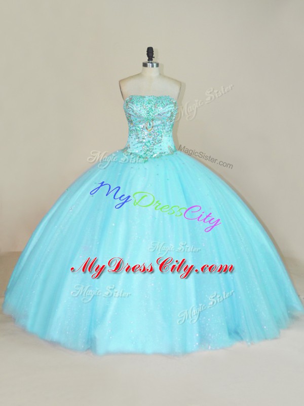 Chic Ball Gowns Sweet 16 Dress Aqua Blue Strapless Tulle Sleeveless Floor Length Lace Up