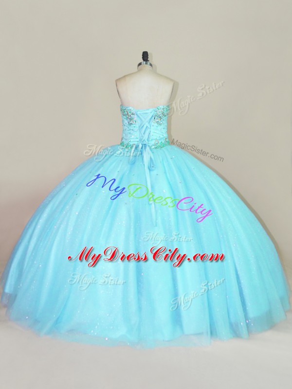 Chic Ball Gowns Sweet 16 Dress Aqua Blue Strapless Tulle Sleeveless Floor Length Lace Up