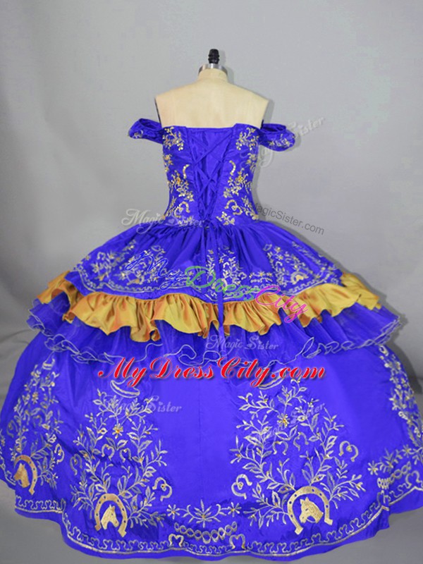 Great Floor Length Lace Up Sweet 16 Dress Blue for Sweet 16 and Quinceanera with Embroidery