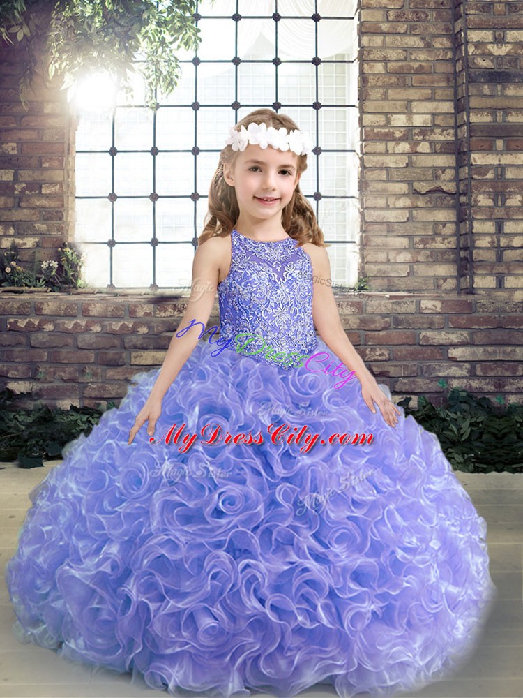 Lavender Ball Gowns Fabric With Rolling Flowers Scoop Sleeveless Beading and Ruffles Floor Length Lace Up Pageant Dresses