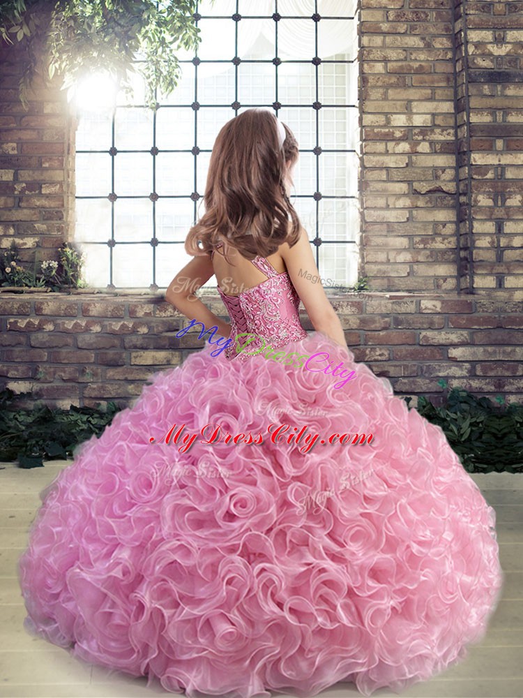 Lavender Ball Gowns Fabric With Rolling Flowers Scoop Sleeveless Beading and Ruffles Floor Length Lace Up Pageant Dresses