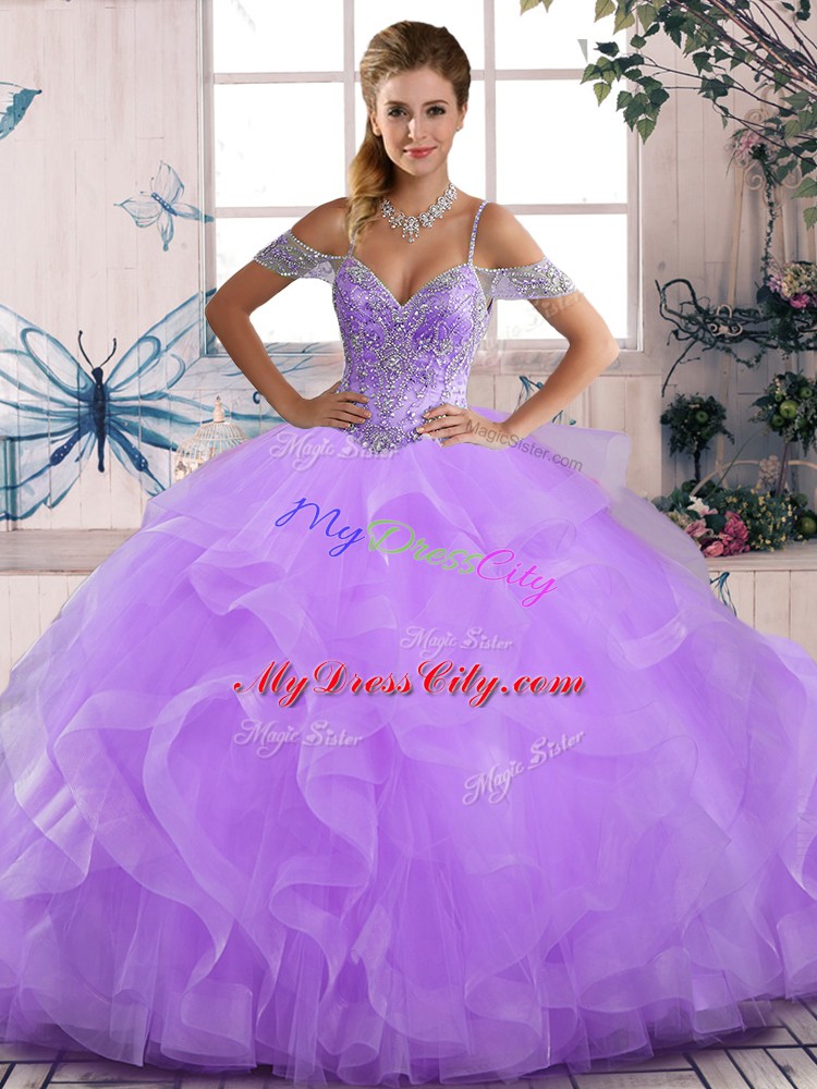 Off The Shoulder Sleeveless Lace Up Quinceanera Dress Lavender Tulle