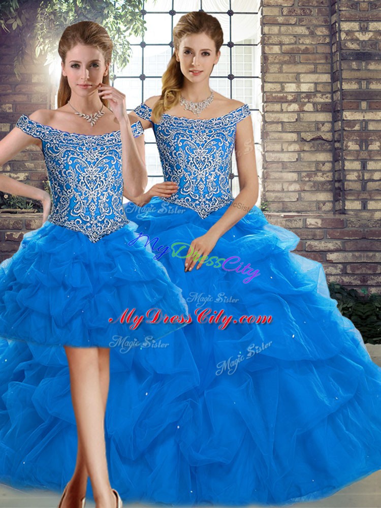 Hot Selling Three Pieces Sleeveless Blue Vestidos de Quinceanera Brush Train Lace Up