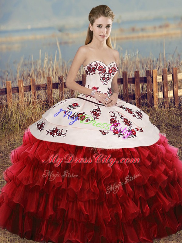 Elegant White And Red Ball Gowns Sweetheart Sleeveless Organza Floor Length Lace Up Embroidery and Ruffled Layers and Bowknot Quinceanera Gown