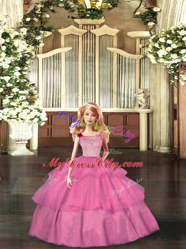 Hot Pink Scoop Zipper Lace and Ruffled Layers Sweet 16 Quinceanera Dress Sleeveless