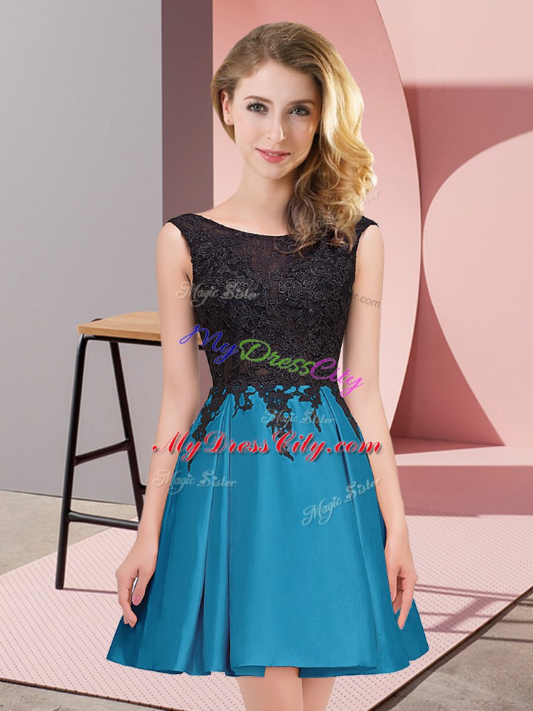 Low Price Teal A-line Satin Scoop Sleeveless Lace Mini Length Zipper Bridesmaid Dresses