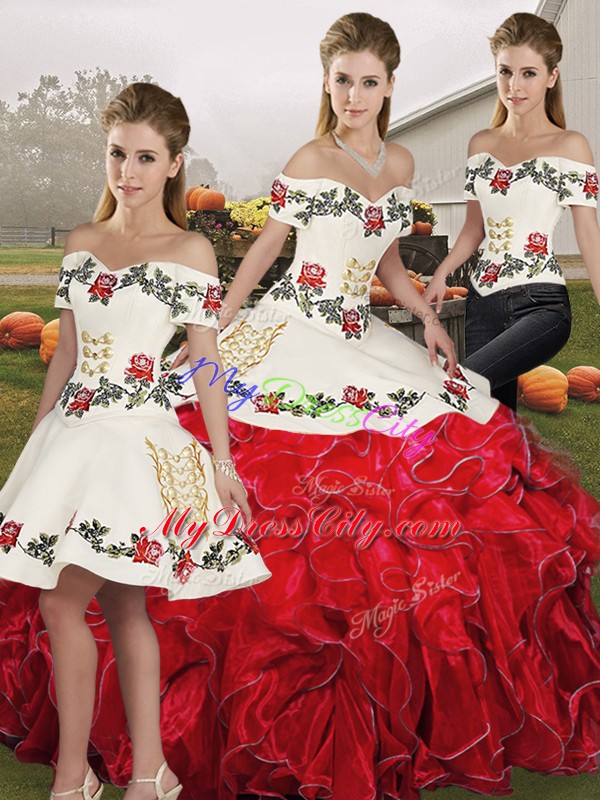 Customized White And Red Three Pieces Embroidery and Ruffles Quince Ball Gowns Lace Up Organza Sleeveless Floor Length