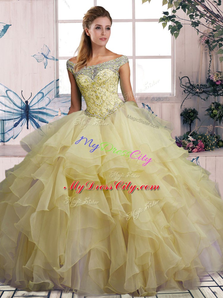 Smart Off The Shoulder Sleeveless Lace Up Quinceanera Dress Yellow Organza