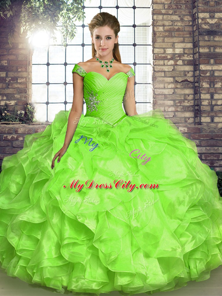 Floor Length Lace Up 15th Birthday Dress Yellow Green for Military Ball and Sweet 16 and Quinceanera with Beading and Ruffles