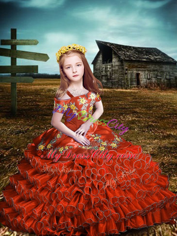 Floor Length Orange Red Pageant Gowns For Girls Organza Short Sleeves Embroidery and Ruffled Layers