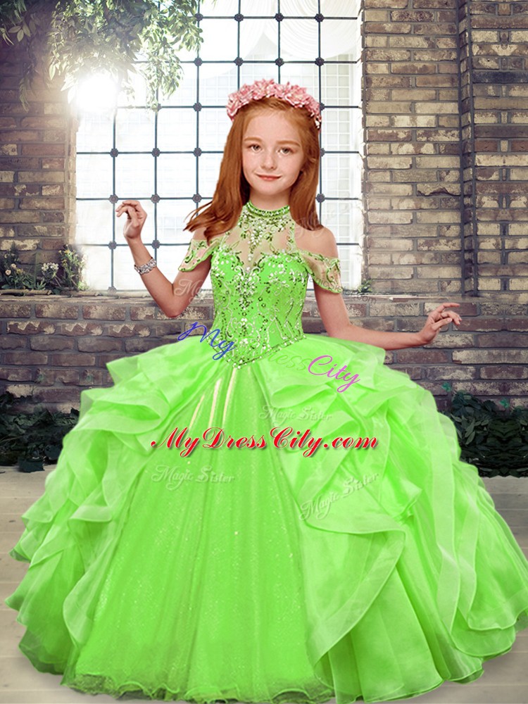 Organza Sleeveless Floor Length Little Girl Pageant Gowns and Beading and Ruffles