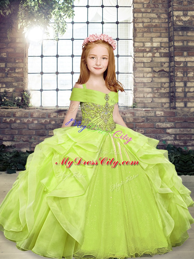 Beauteous Floor Length Ball Gowns Sleeveless Yellow Green Kids Formal Wear Lace Up