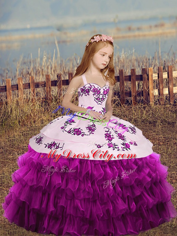 Organza Sleeveless Floor Length Little Girls Pageant Dress and Embroidery and Ruffled Layers and Bowknot