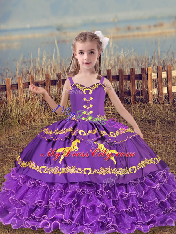 Lavender Sleeveless Beading and Embroidery and Ruffled Layers Floor Length Little Girls Pageant Gowns