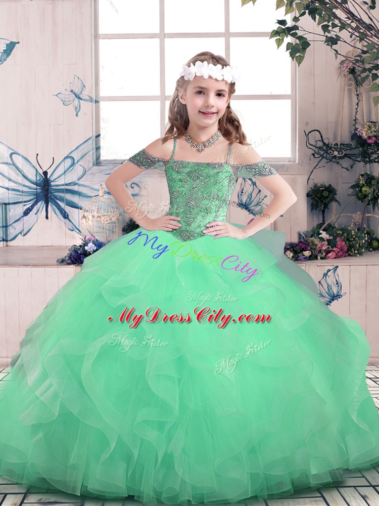 Apple Green Ball Gowns Beading and Ruffles Little Girl Pageant Gowns Lace Up Tulle Sleeveless Floor Length