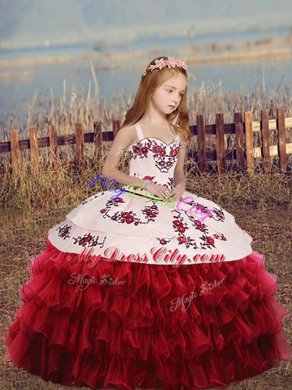 Red Lace Up Straps Embroidery and Ruffled Layers Kids Pageant Dress Organza Long Sleeves