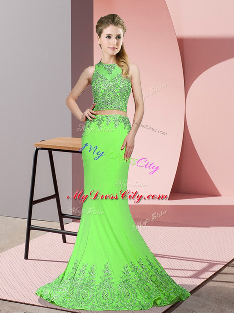 Comfortable Satin High-neck Sleeveless Sweep Train Zipper Beading and Appliques Formal Evening Gowns in