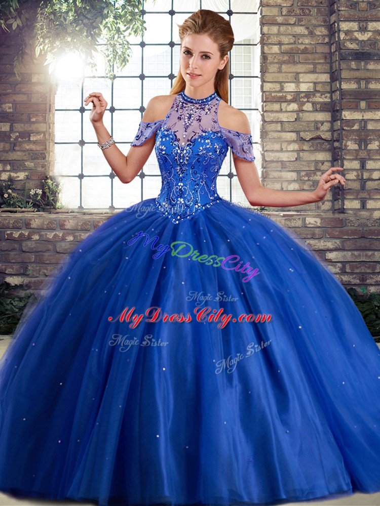 Royal Blue 15 Quinceanera Dress Military Ball and Sweet 16 and Quinceanera with Beading Halter Top Sleeveless Brush Train Lace Up