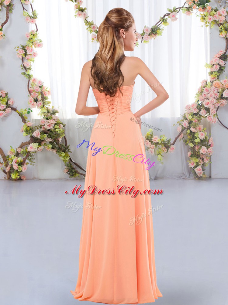 Sleeveless Floor Length Ruching Lace Up Bridesmaids Dress with Rose Pink