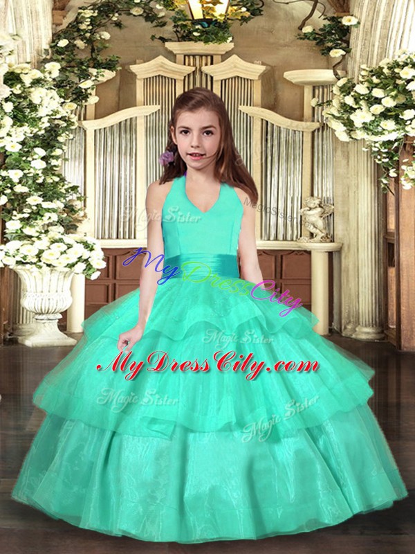 Latest Ball Gowns Pageant Dress for Girls Turquoise Strapless Organza Sleeveless Floor Length Lace Up