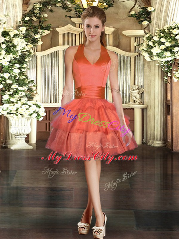 Nice Orange Red Sleeveless Mini Length Ruffled Layers Lace Up Dress for Prom