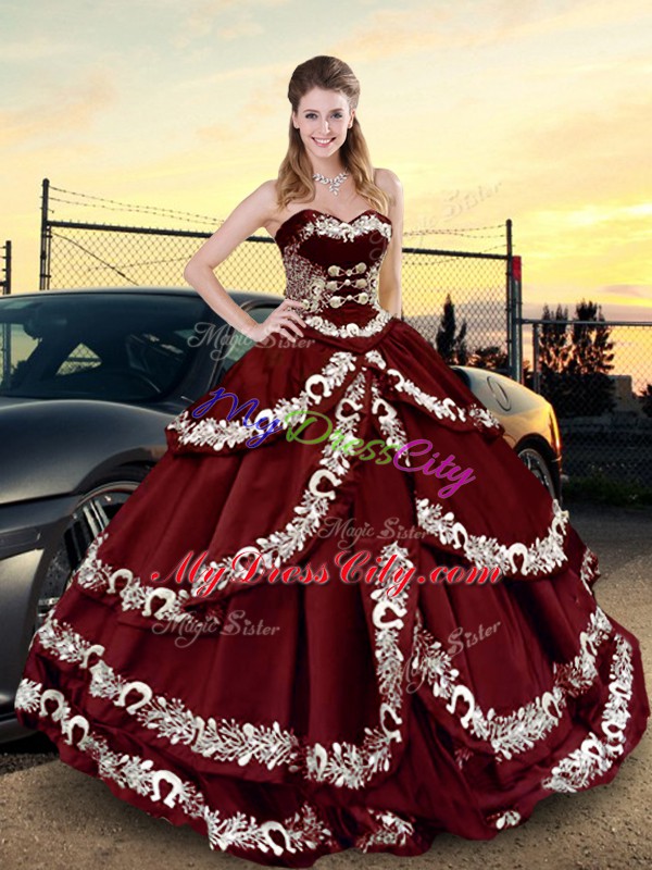 Comfortable Sweetheart Sleeveless Lace Up Quinceanera Gown Wine Red Satin