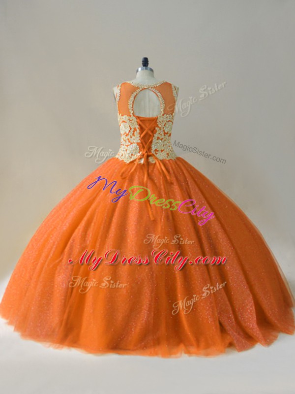 Orange Ball Gowns Tulle Scoop Sleeveless Beading and Appliques Floor Length Lace Up Quinceanera Dresses