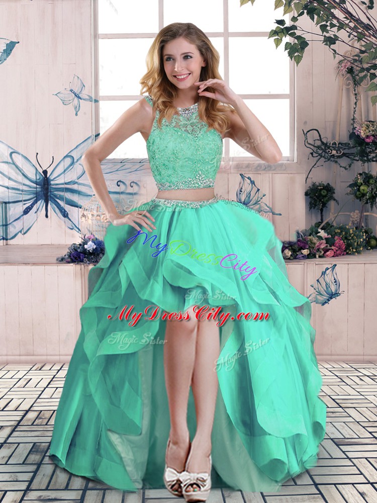 Luxurious Apple Green Tulle Zipper Scoop Sleeveless High Low Beading and Lace and Ruffles