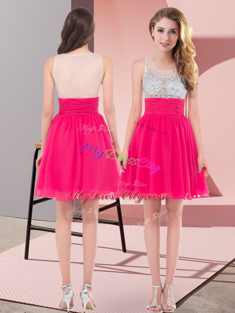 Best Hot Pink Empire Beading Bridesmaid Gown Side Zipper Chiffon Sleeveless Mini Length