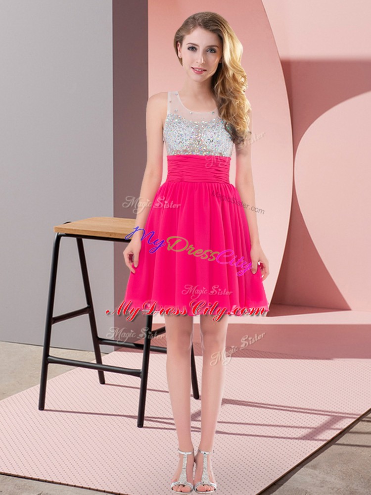 Best Hot Pink Empire Beading Bridesmaid Gown Side Zipper Chiffon Sleeveless Mini Length