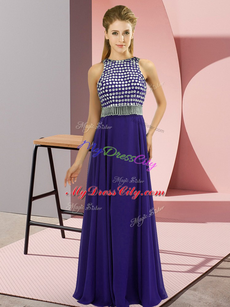 Cute Beading Cocktail Dress Purple Side Zipper Sleeveless Floor Length