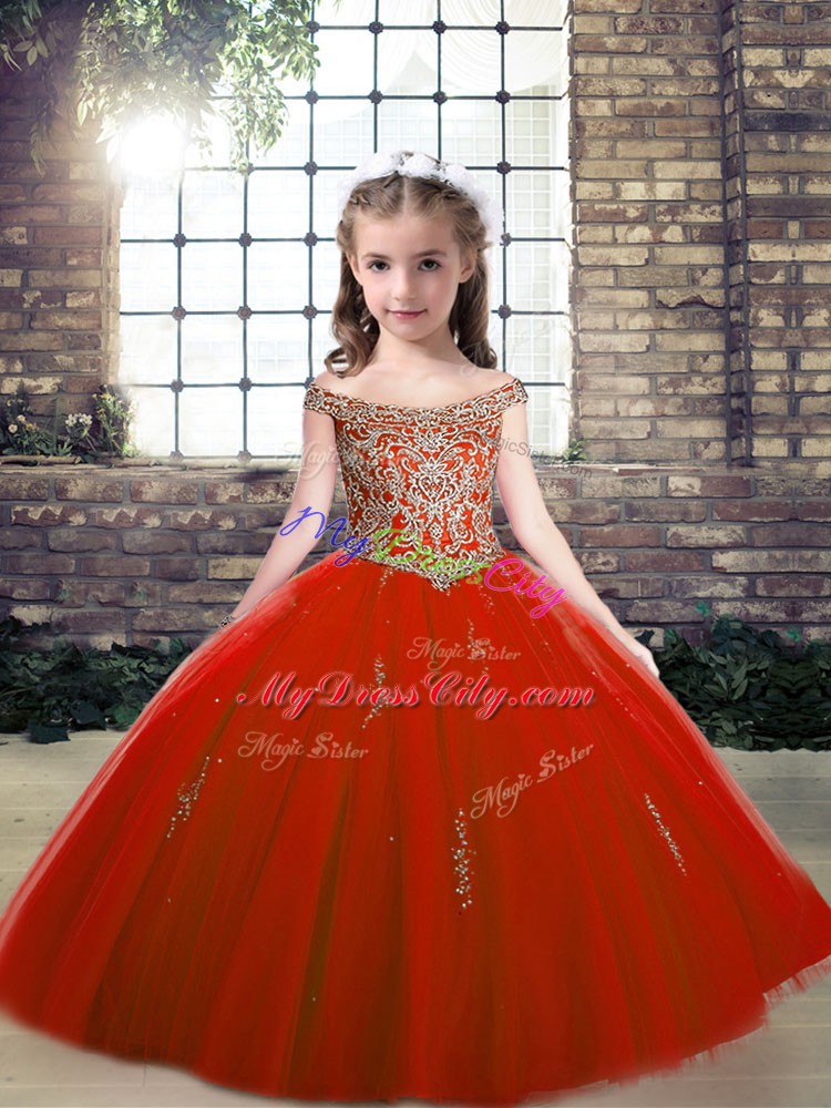 Ball Gowns Pageant Gowns For Girls Red Off The Shoulder Tulle Sleeveless Floor Length Lace Up