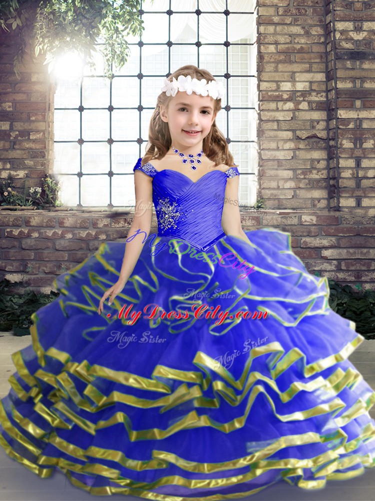 Sweetheart Sleeveless Lace Up Girls Pageant Dresses Blue Tulle