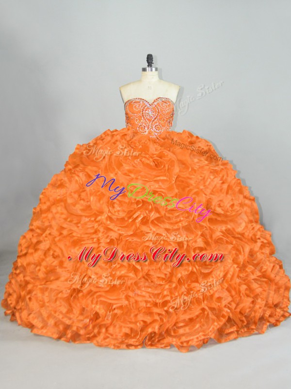 Latest Orange Ball Gowns Sweetheart Sleeveless Organza Lace Up Beading and Ruffles Ball Gown Prom Dress