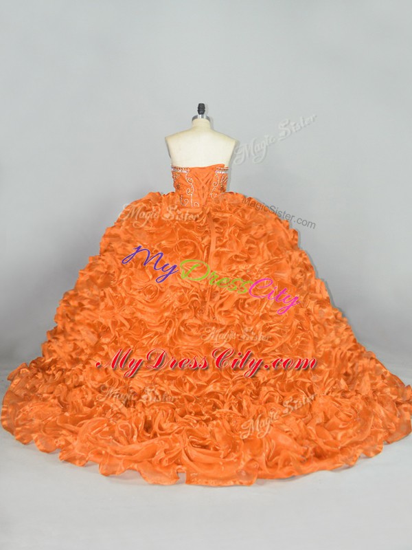 Latest Orange Ball Gowns Sweetheart Sleeveless Organza Lace Up Beading and Ruffles Ball Gown Prom Dress