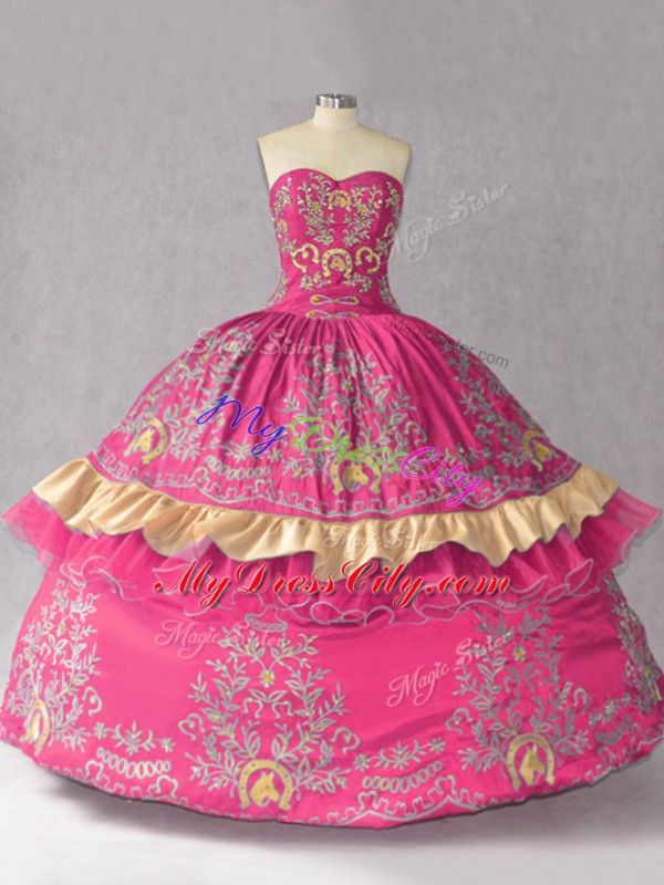 On Sale Hot Pink Sweetheart Neckline Embroidery Sweet 16 Dress Sleeveless Lace Up